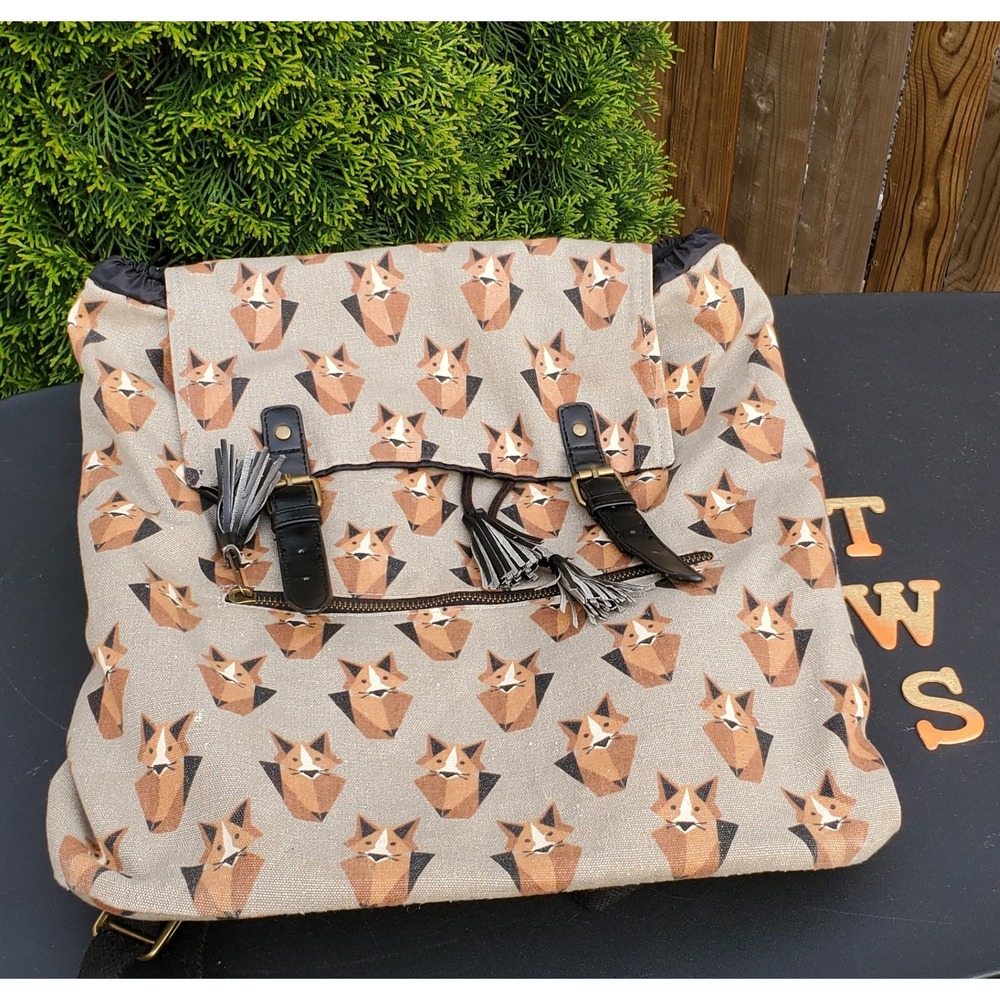 Cute Fox Print Backpack Canvas Leather Accents Black Tassel Adjustable Straps - Picture 5 of 5